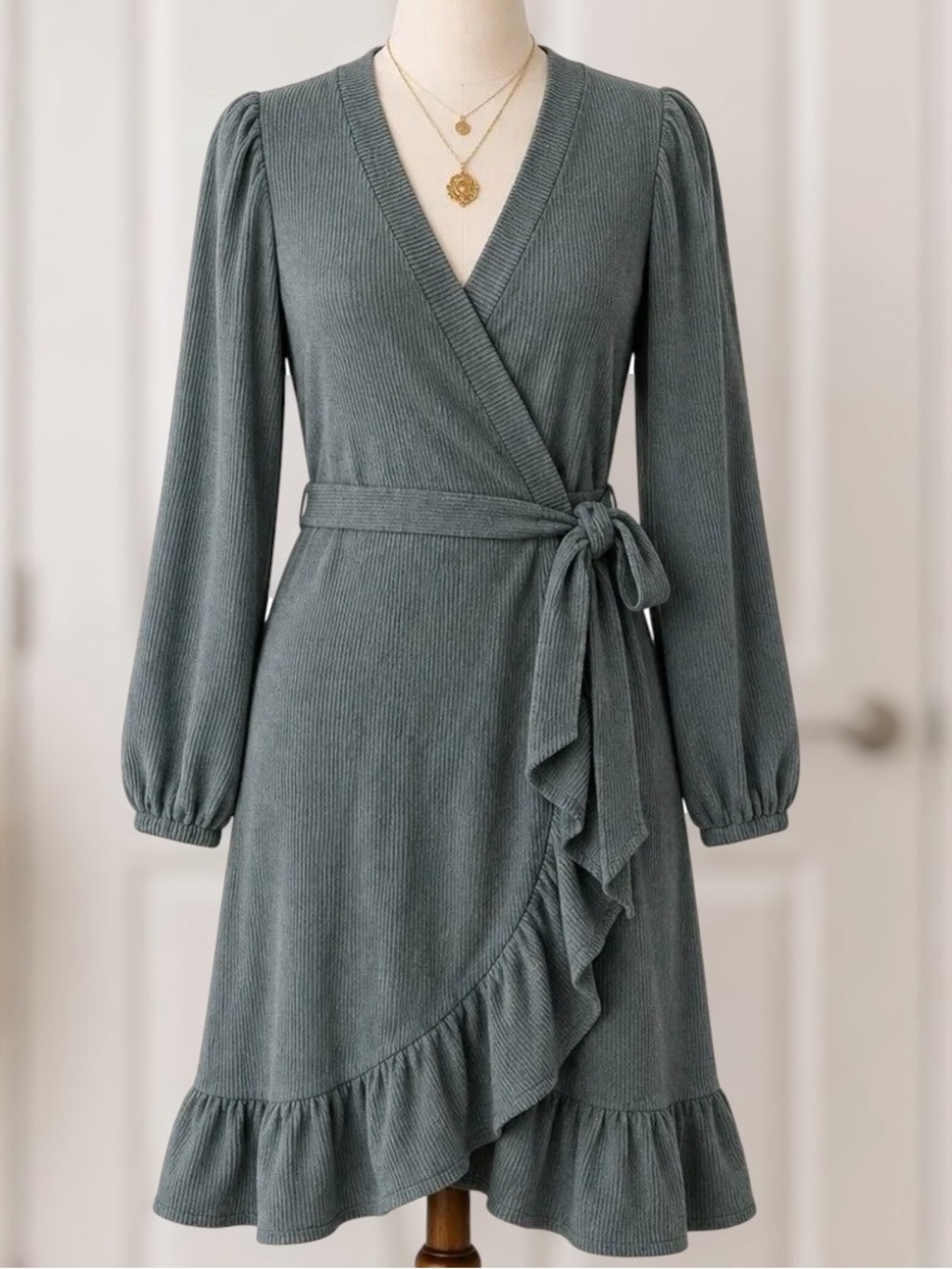 Simply Southern Long Sleeve Ribbed Knit Wrap Dress in Dark Green Size XS - NEW